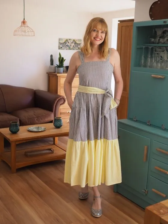 blue and yellow tiered sundress