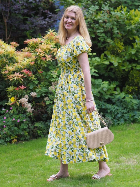 Boden lemon print dress and Cult Gaia bag